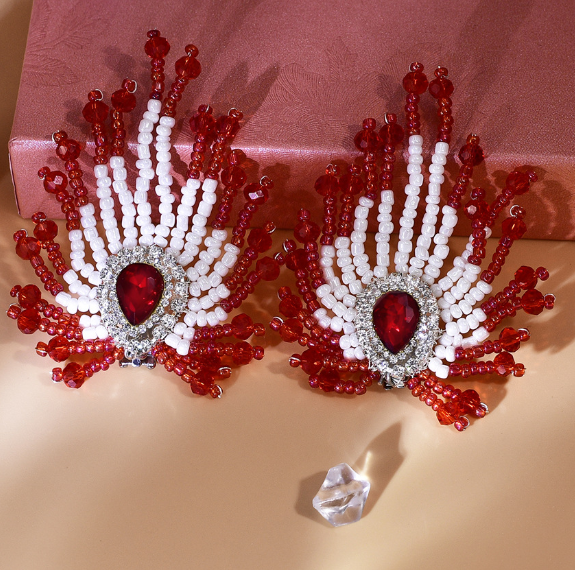 Red and White Mixture Glass Beads Applique with Buckle